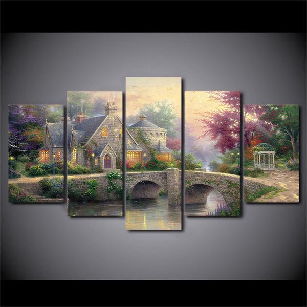Thomas Kinkade Fairy Fantasy Castle Landscape - Nature 5 Panel Canvas Art Wall Decor Thomas Kinkade Fairy Fantasy Castle Landscape - Nature 5 Panel Canvas Art Wall Decor