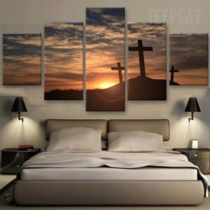 Three Crosses At Sunset - Nature Landscape 5 Panel Canvas Art Wall Decor