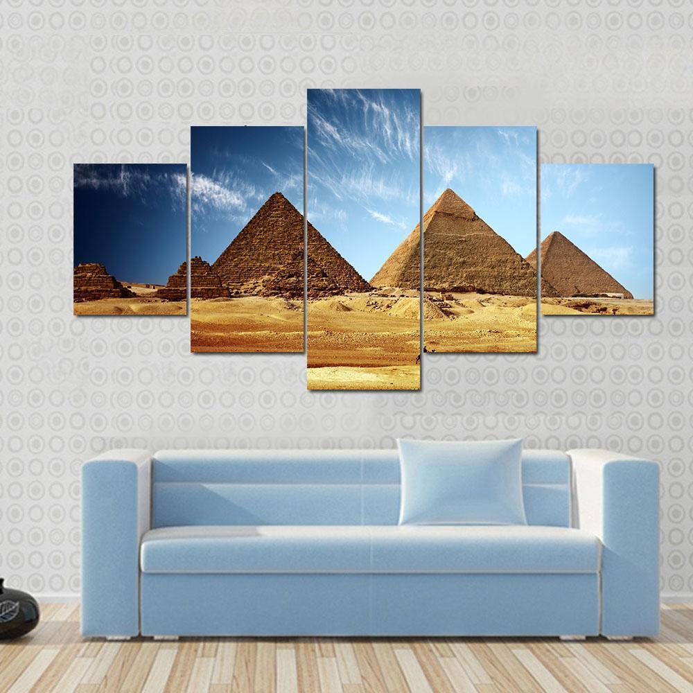 Three Egyptian Pyramids Under Blue Sky - Nature 5 Panel Canvas Art Wall Decor Three Egyptian Pyramids Under Blue Sky - Nature 5 Panel Canvas Art Wall Decor