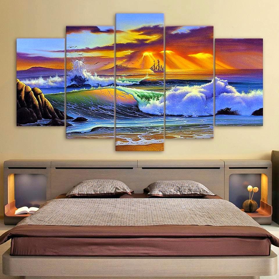 Tidal Seascape Sunset - Nature 5 Panel Canvas Art Wall Decor Tidal Seascape Sunset - Nature 5 Panel Canvas Art Wall Decor
