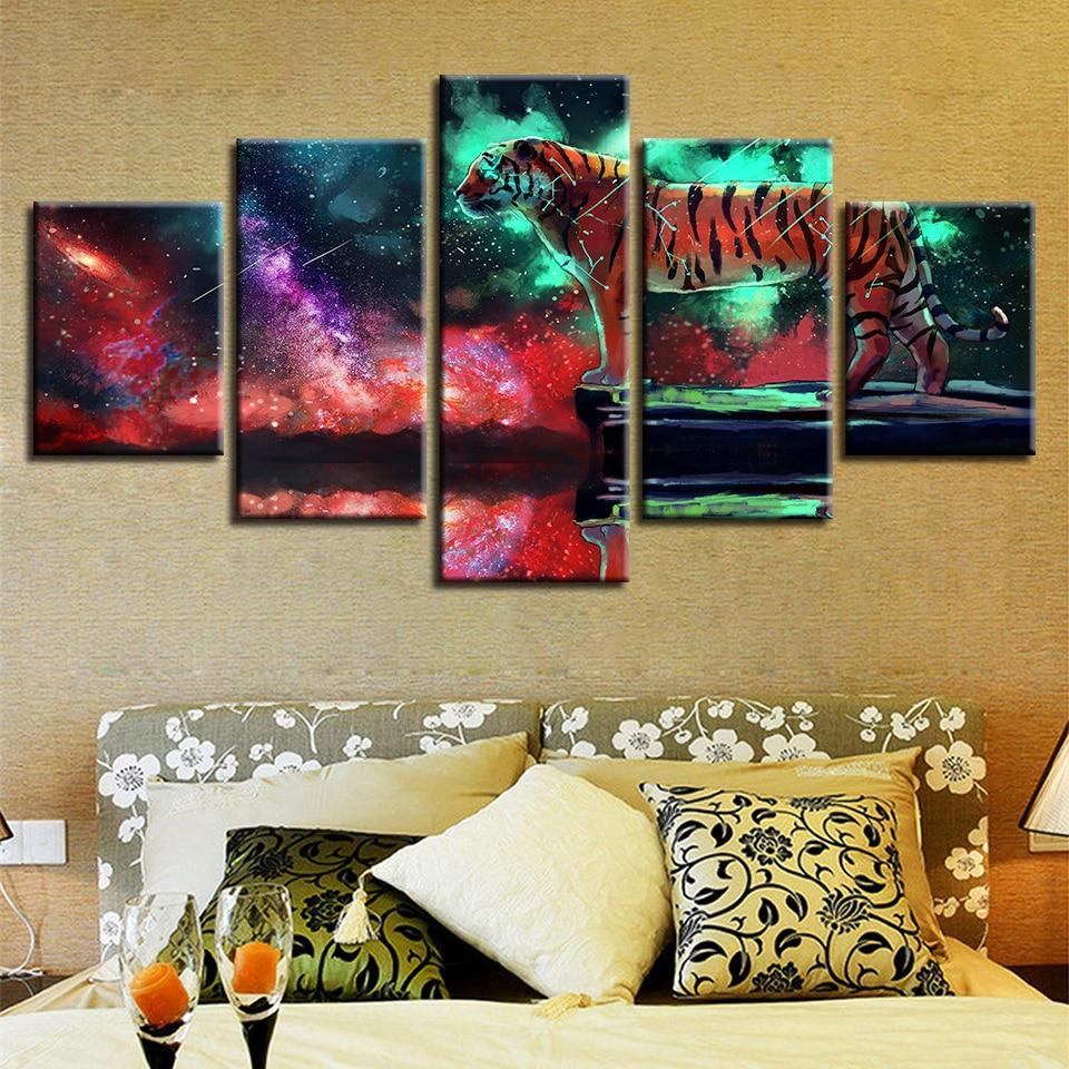 Tiger Abstract Aurora Forest Night View - Abstract 5 Panel Canvas Art Wall Decor Tiger Abstract Aurora Forest Night View - Abstract 5 Panel Canvas Art Wall Decor