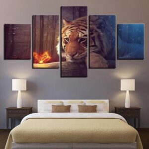 Tiger And Magic Butterfly - Animal 5 Panel Canvas Art Wall Decor