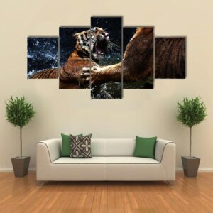 Tiger Attack To Other Tiger - Animal 5 Panel Canvas Art Wall Decor
