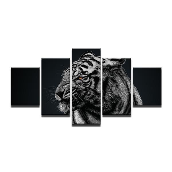 Tiger Black White - Animal 5 Panel Canvas Art Wall Decor Tiger Black White - Animal 5 Panel Canvas Art Wall Decor