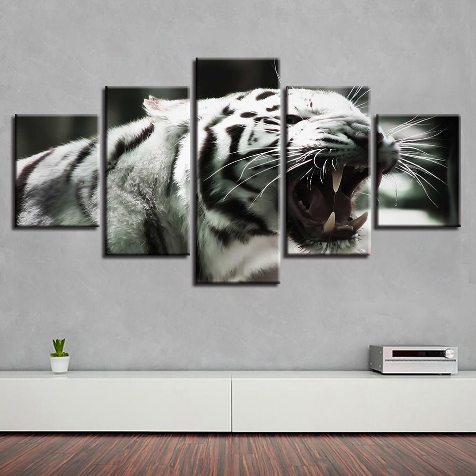 Tiger Yawning - Animal 5 Panel Canvas Art Wall Decor Tiger Yawning - Animal 5 Panel Canvas Art Wall Decor