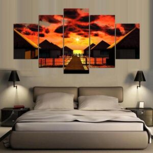 Tiki Huts Cabins Over The Water - Space 5 Panel Canvas Art Wall Decor