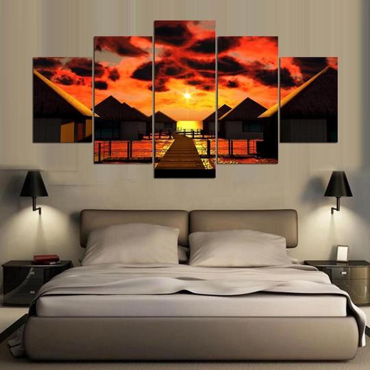 Tiki Huts Cabins Over The Water - Space 5 Panel Canvas Art Wall Decor Tiki Huts Cabins Over The Water - Space 5 Panel Canvas Art Wall Decor