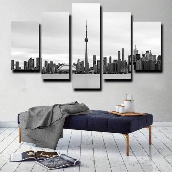 Toronto Black And White Skyline - Nature 5 Panel Canvas Art Wall Decor Toronto Black And White Skyline - Nature 5 Panel Canvas Art Wall Decor