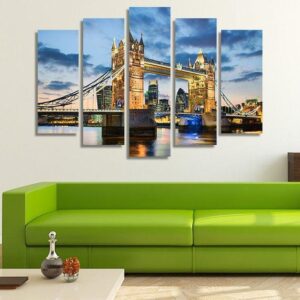 Tower Bridge In London At Night - Nature 5 Panel Canvas Art Wall Decor
