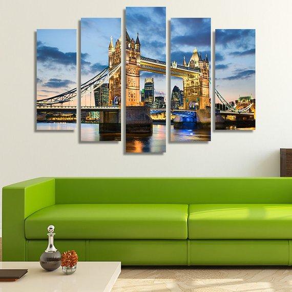 Tower Bridge In London At Night - Nature 5 Panel Canvas Art Wall Decor Tower Bridge In London At Night - Nature 5 Panel Canvas Art Wall Decor