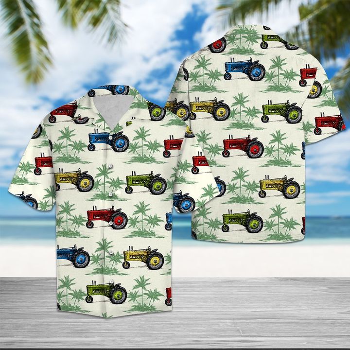 Tractor Green Palm Trees Hawaiian Shirt Summer Button Up Tractor Green Palm Trees Hawaiian Shirt Summer Button Up