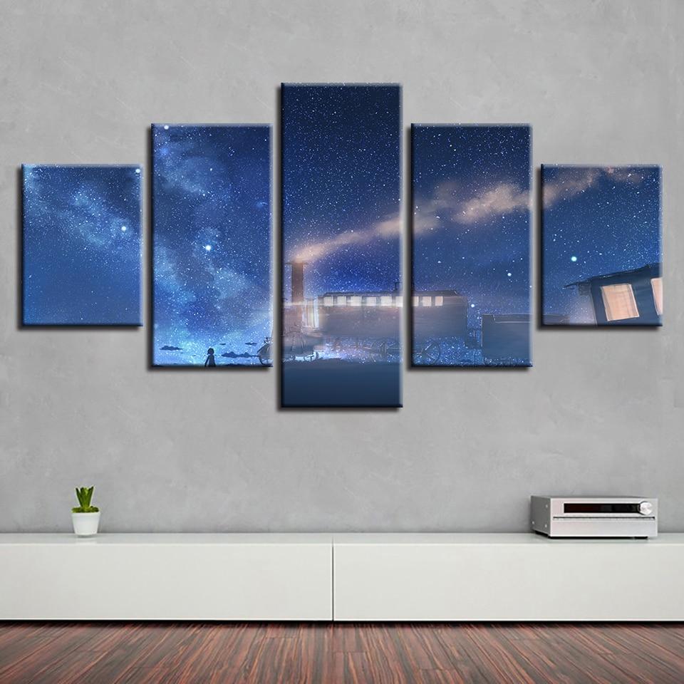Train And Beautiful Starry Sky Night - Nature 5 Panel Canvas Art Wall Decor Train And Beautiful Starry Sky Night - Nature 5 Panel Canvas Art Wall Decor
