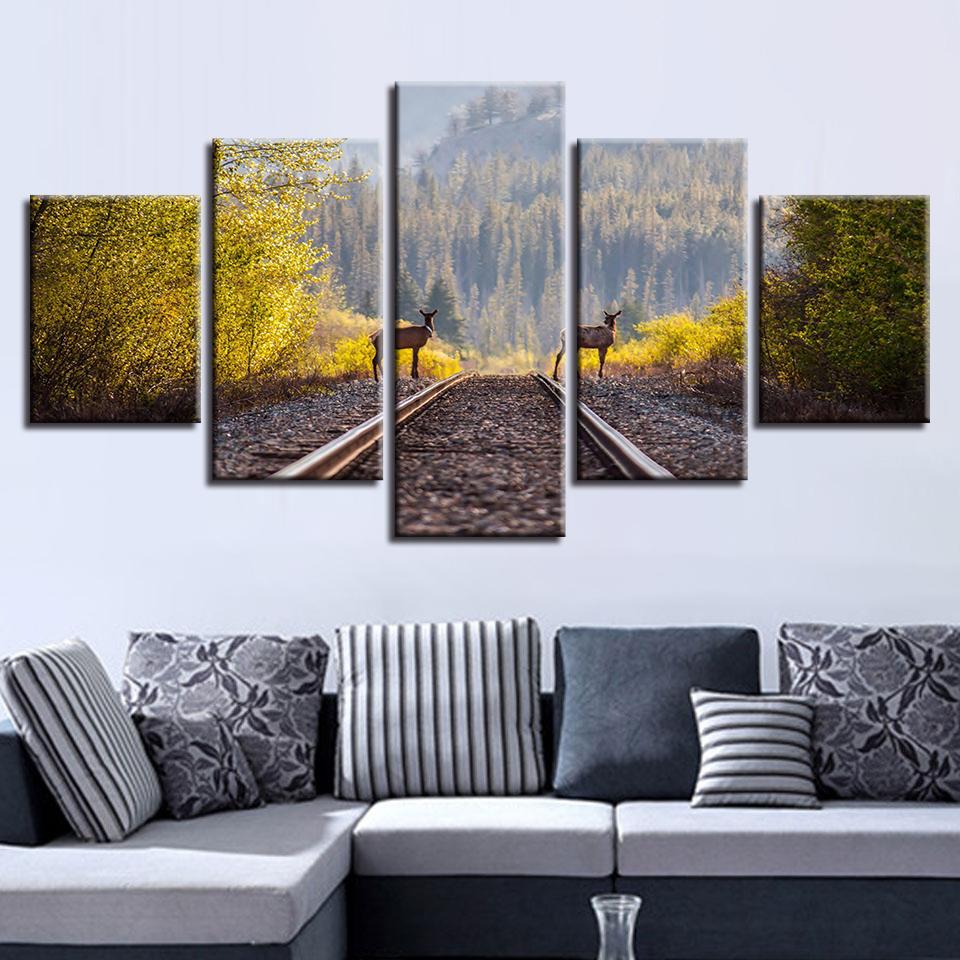 Train Tracks And Animal Deer Scenery - Animal 5 Panel Canvas Art Wall Decor Train Tracks And Animal Deer Scenery - Animal 5 Panel Canvas Art Wall Decor