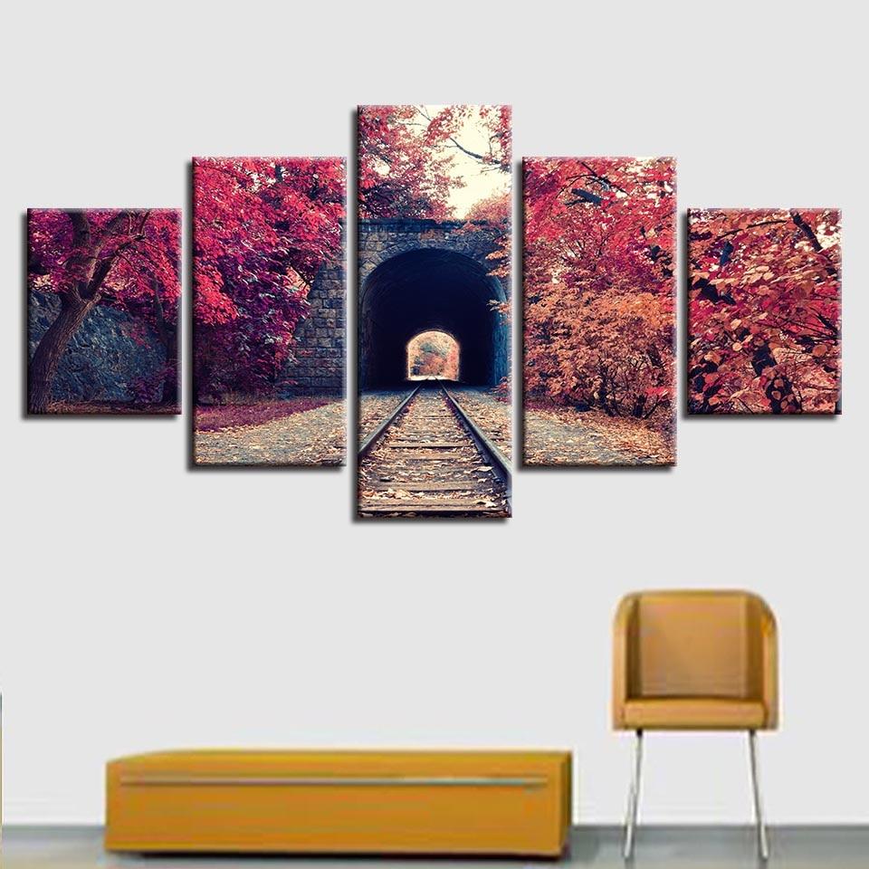 Train Tracks And Autumn Red Tree - Nature 5 Panel Canvas Art Wall Decor Train Tracks And Autumn Red Tree - Nature 5 Panel Canvas Art Wall Decor