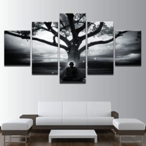 Tree And Buddha Abstract Meditation Monk - Religion 5 Panel Canvas Art Wall Decor