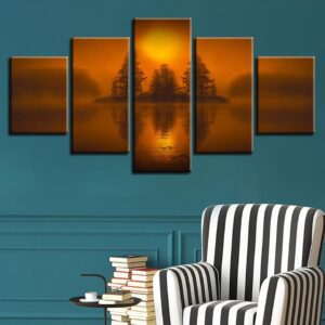 Tree Lake And Sun - Nature 5 Panel Canvas Art Wall Decor