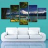 Tree Lake Boat Mountain And Blue Sky 1 - Nature 5 Panel Canvas Art Wall Decor