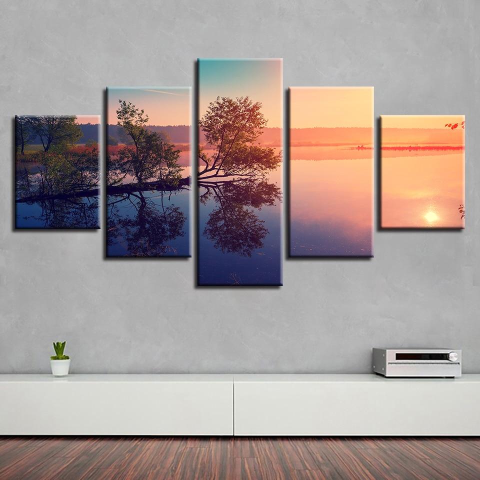 Tree Lake Sun - Nature 5 Panel Canvas Art Wall Decor Tree Lake Sun - Nature 5 Panel Canvas Art Wall Decor