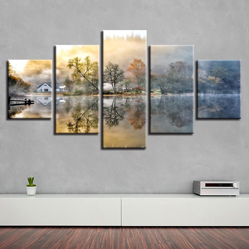 Tree Lake - Nature 5 Panel Canvas Art Wall Decor Tree Lake - Nature 5 Panel Canvas Art Wall Decor