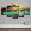 Tree Waterfall Green Lake Sunshine - Nature 5 Panel Canvas Art Wall Decor