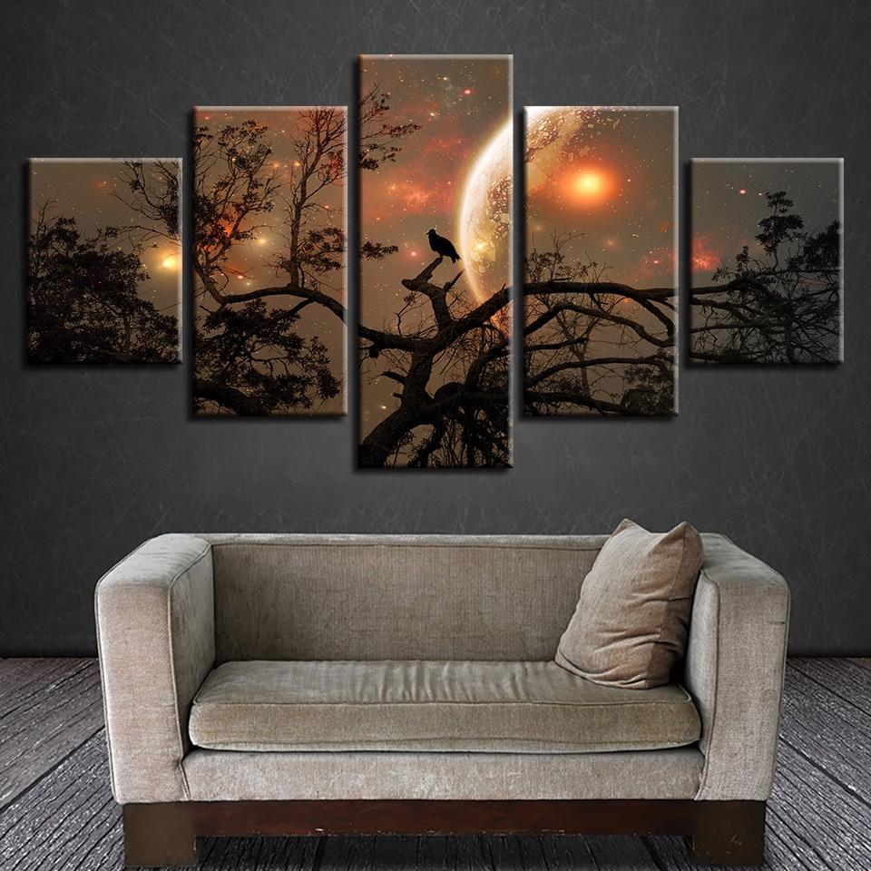 Trees Bird Moon Night - Nature 5 Panel Canvas Art Wall Decor Trees Bird Moon Night - Nature 5 Panel Canvas Art Wall Decor