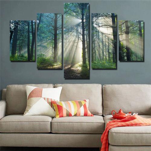 Trees Forest Sunshine - Nature 5 Panel Canvas Art Wall Decor Trees Forest Sunshine - Nature 5 Panel Canvas Art Wall Decor