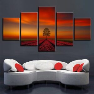 Trees Sunset 02 - Nature 5 Panel Canvas Art Wall Decor