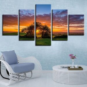 Trees Sunset - Nature 5 Panel Canvas Art Wall Decor