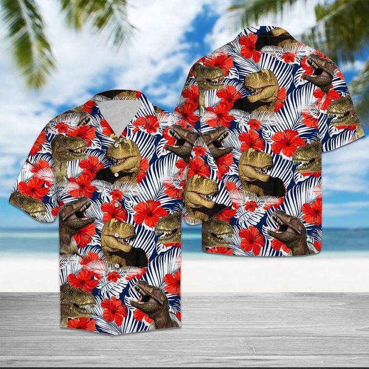 Trex Hibiscus Flower Hawaiian Shirt Summer Button Up Trex Hibiscus Flower Hawaiian Shirt Summer Button Up