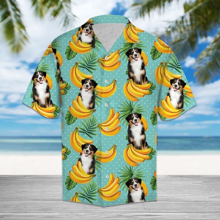 Tropical Banana Miniature Australian Shepherd Hawaiian Shirt Summer Button Up Tropical Banana Miniature Australian Shepherd Hawaiian Shirt Summer Button Up