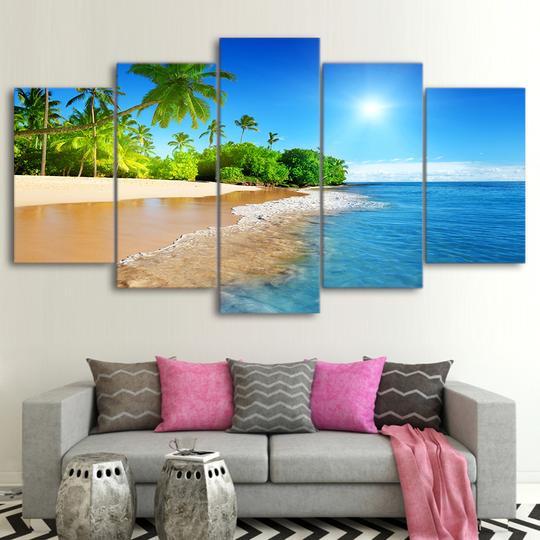 Tropical Beach Ocean - 5 Panel Canvas Art Wall Decor Tropical Beach Ocean - 5 Panel Canvas Art Wall Decor