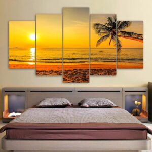 Tropical Beach Sunset Palm Tree - Ocean 5 Panel Canvas Art Wall Decor