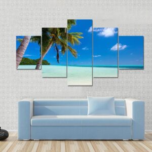 Tropical Beach With Palm Trees At Palau - Nature 5 Panel Canvas Art Wall Decor