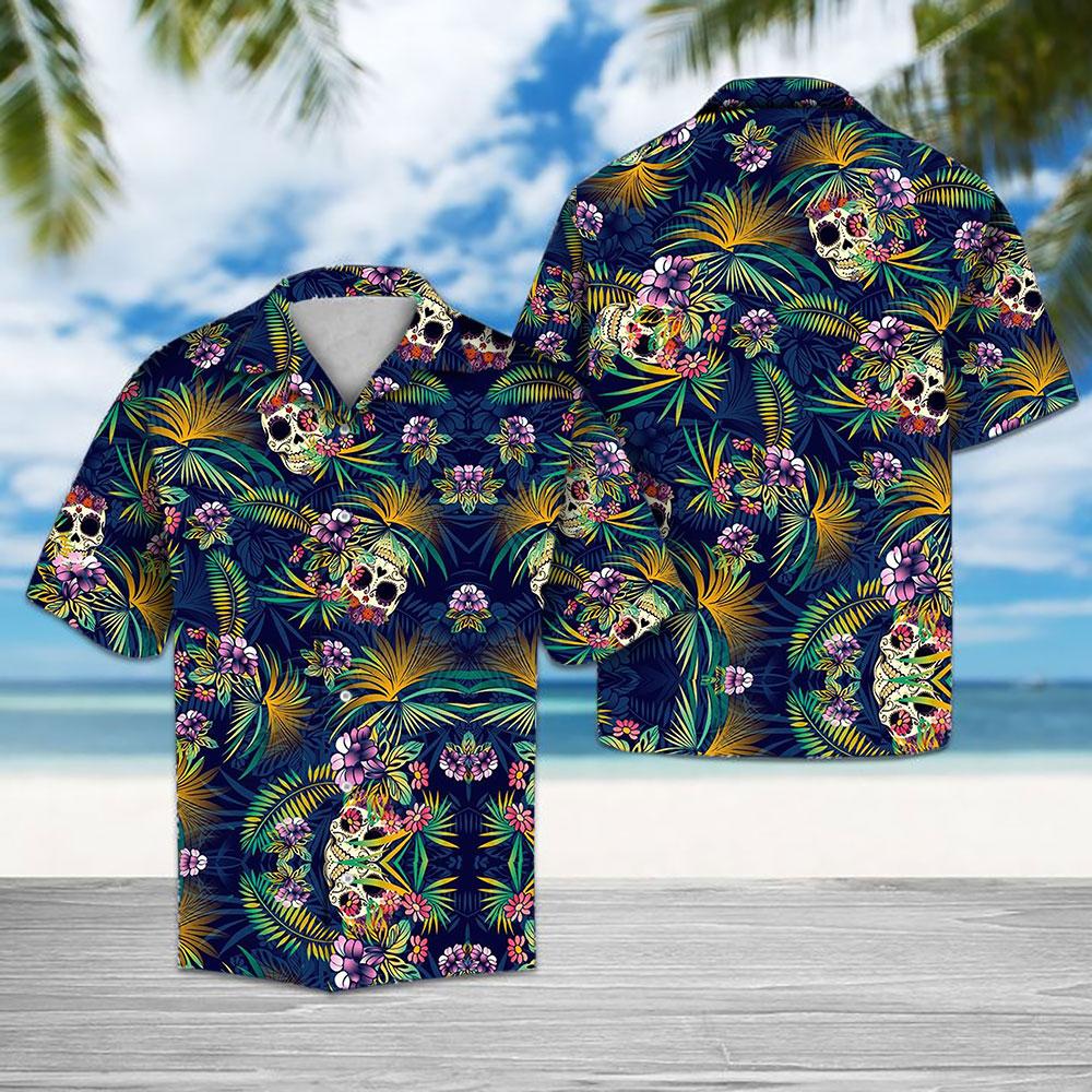 Tropical Blue Skull Hawaiian Shirt Summer Button Up Tropical Blue Skull Hawaiian Shirt Summer Button Up