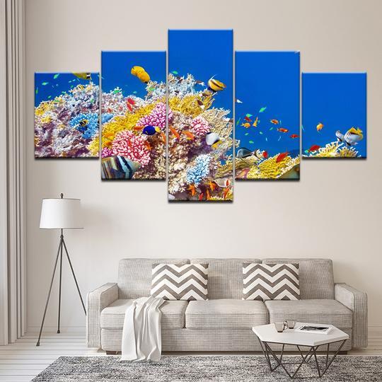 Tropical Fish On Reef - Fishing 5 Panel Canvas Art Wall Decor Tropical Fish On Reef - Fishing 5 Panel Canvas Art Wall Decor