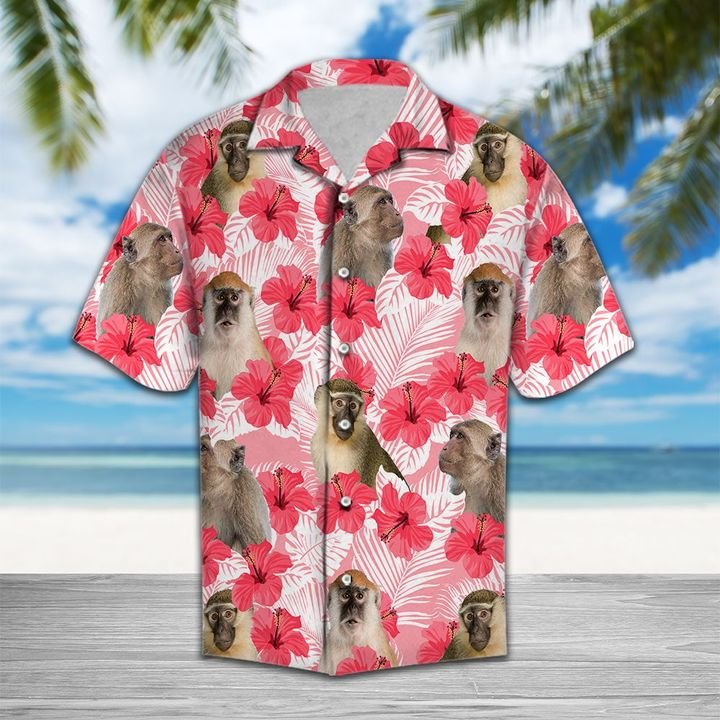 Tropical Flowers Hibiscus Monkey Hawaiian Shirt Summer Button Up Tropical Flowers Hibiscus Monkey Hawaiian Shirt Summer Button Up