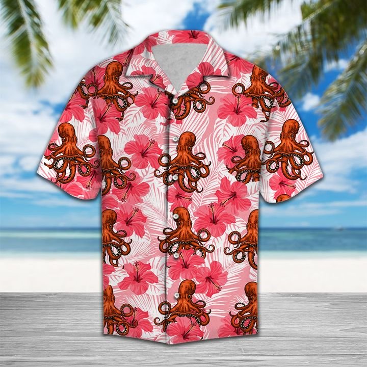 Tropical Flowers Hibiscus Octopus Hawaiian Shirt Summer Button Up Tropical Flowers Hibiscus Octopus Hawaiian Shirt Summer Button Up