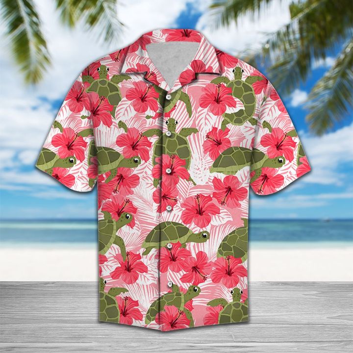 Tropical Flowers Hibiscus Turtle Hawaiian Shirt Summer Button Up Tropical Flowers Hibiscus Turtle Hawaiian Shirt Summer Button Up