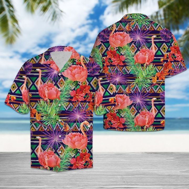 Tropical Leaves Flamingo Hawaiian Shirt Summer Button Up Tropical Leaves Flamingo Hawaiian Shirt Summer Button Up