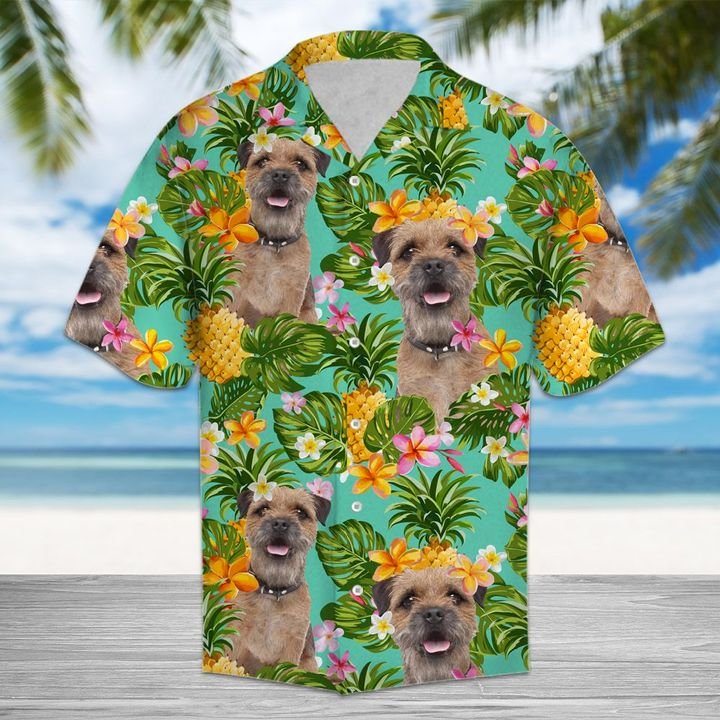 Tropical Pineapple Border Terrier Hawaiian Shirt Summer Button Up Tropical Pineapple Border Terrier Hawaiian Shirt Summer Button Up