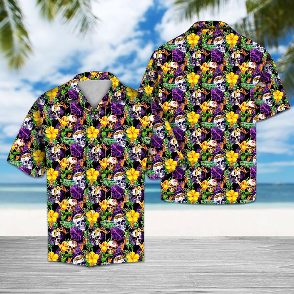 Tropical Purple Skull Hawaiian Shirt Summer Button Up Tropical Purple Skull Hawaiian Shirt Summer Button Up