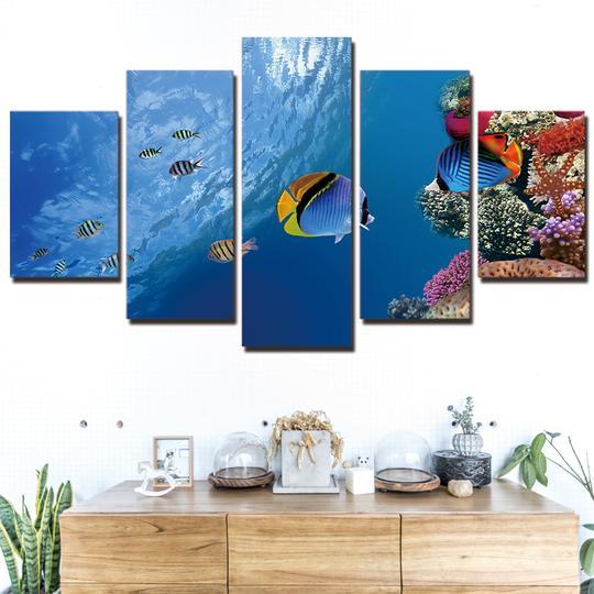 Tropical Reef And Fish - Fishing 5 Panel Canvas Art Wall Decor Tropical Reef And Fish - Fishing 5 Panel Canvas Art Wall Decor
