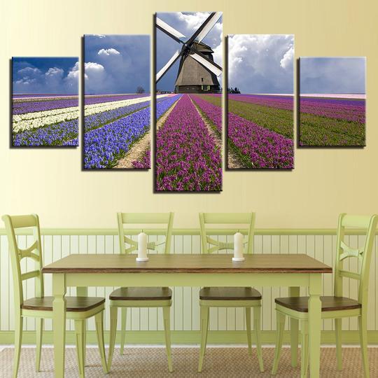 Tulips And Windmill Holland - Nature 5 Panel Canvas Art Wall Decor Tulips And Windmill Holland - Nature 5 Panel Canvas Art Wall Decor