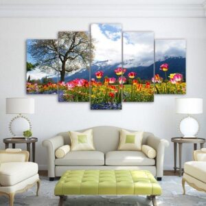Tulips In Mountain - Nature 5 Panel Canvas Art Wall Decor