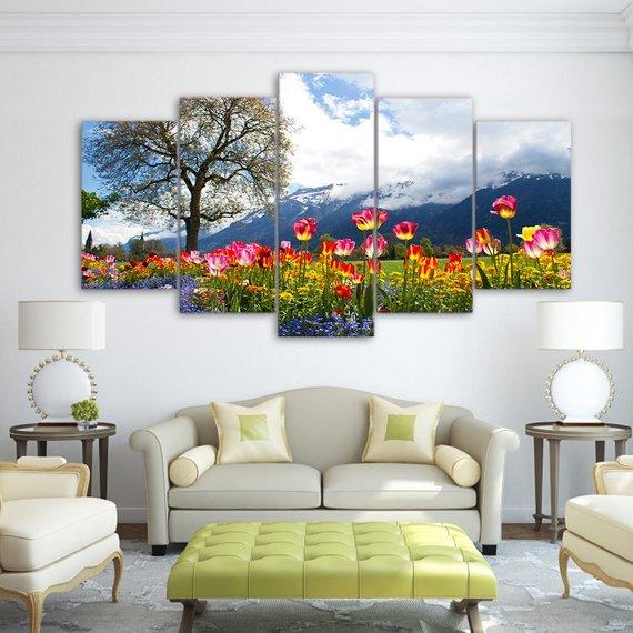 Tulips In Mountain - Nature 5 Panel Canvas Art Wall Decor Tulips In Mountain - Nature 5 Panel Canvas Art Wall Decor