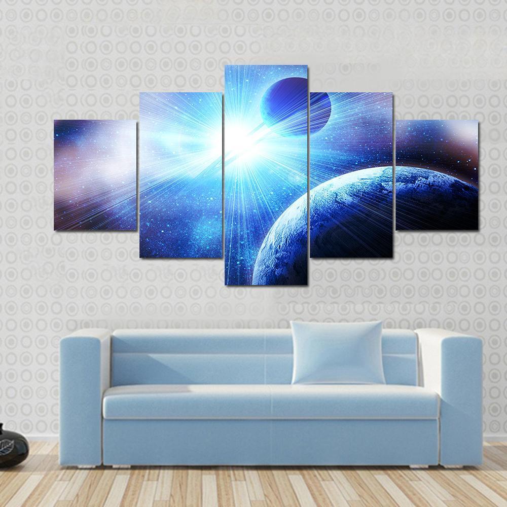 Two Planets With Bright Stars - Space 5 Panel Canvas Art Wall Decor Two Planets With Bright Stars - Space 5 Panel Canvas Art Wall Decor