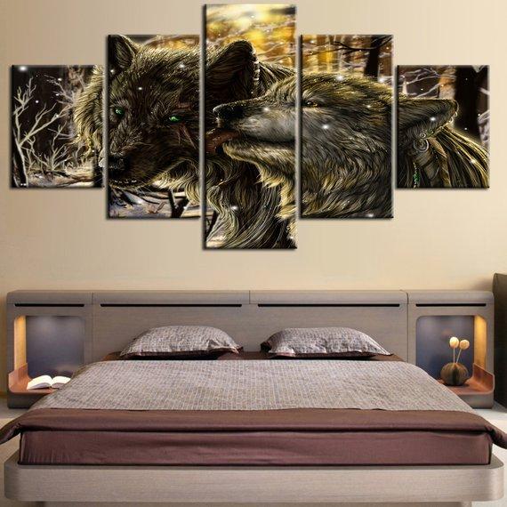 Two Wolf Moutain - Animal 5 Panel Canvas Art Wall Decor Two Wolf Moutain - Animal 5 Panel Canvas Art Wall Decor