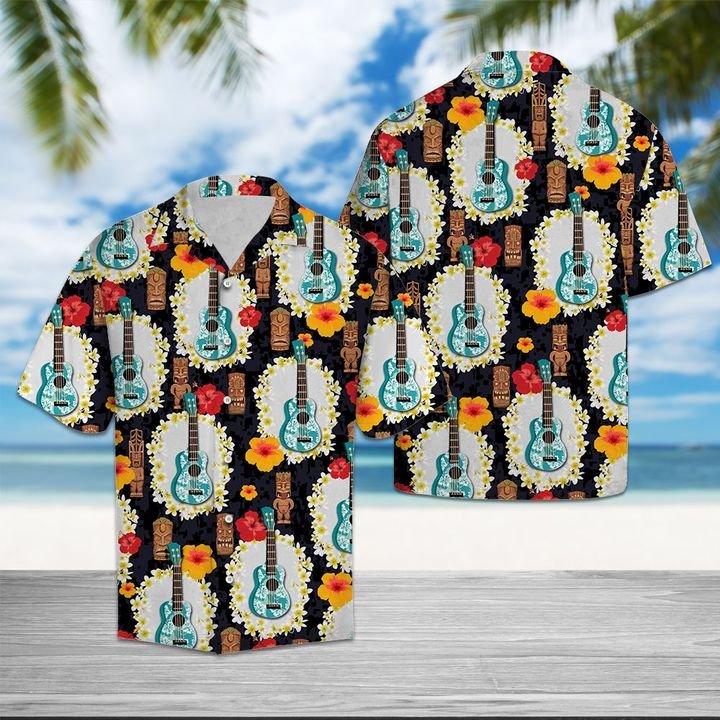 Ukulele Tiki Pattern Hawaiian Shirt Summer Button Up Ukulele Tiki Pattern Hawaiian Shirt Summer Button Up