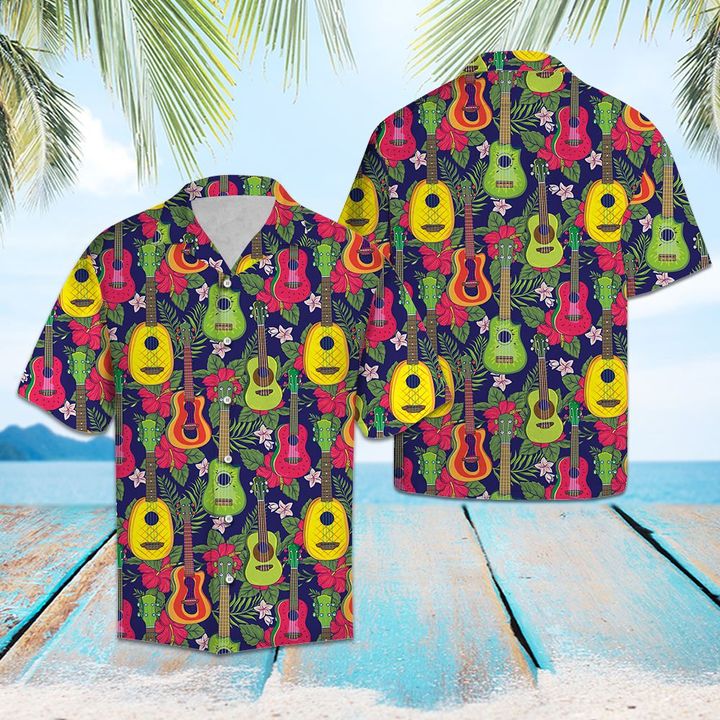 Ukulele Tropical Fruit Hawaiian Shirt Summer Button Up Ukulele Tropical Fruit Hawaiian Shirt Summer Button Up
