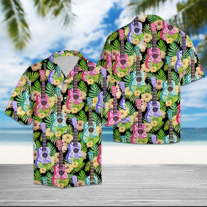 Ukulele Yellow Hibiscus Flower Hawaiian Shirt Summer Button Up Ukulele Yellow Hibiscus Flower Hawaiian Shirt Summer Button Up